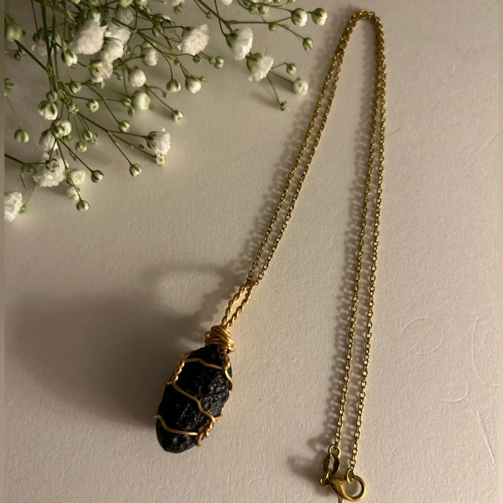 NWOT necklace Vietnam Black Tektite, artisan wire-wrapped 1.75” pendant goldtone